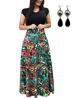 UUAISSO Sommerkleid Damen Lang mit Blüte Drucken Lang High Waist Elastische Strandkleider Maxikleider G-grünes Blatt-Kurzarm M von UUAISSO