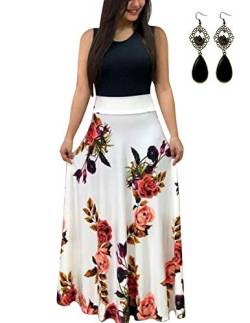 UUAISSO Sommerkleid Damen Lang mit Blüte Drucken Lang High Waist Elastische Strandkleider Maxikleider M-weiß-Ohne Arm 5XL von UUAISSO