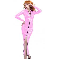 UUKR Zwei-Wege-Reißverschluss Front-PVC-Kleid plus Größe Knöchel-Länge-Kleider Frauen Sexy Mantel Langarm Clubbekleidung Umzugskragen Vestido-Rosa_7XL. von UUKR