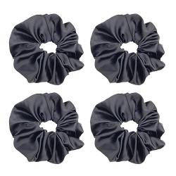 4 Stück schwarze Haargummis, elastisch, groß, weiches Satin, Pferdeschwanz-Halter, Haargummis, rutschfeste Haarbänder für Damen und Mädchen von UUYYEO