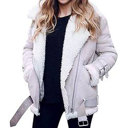 UYUH Damen Lederjacke Winter Warm Kunstpelz Fleece Mantel Teddy Fleece Übergansjacke Windjacke Revers Biker Motor Fliegerjacke Mantel aus Kunstpelz in großen Größen Outwear mit Taschen von UYUH