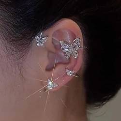 Frauen Ohrringe, Ohrringe Sterling Silber*Ohrringe, Creolen, 1 Stück koreanische Elfen-Schmetterlings-Ohrmanschette ohne Piercing, Clip-Ohrringe for Frauen, eleganter funkelnder Kristall-Ohrclip, Hoch von UYUME