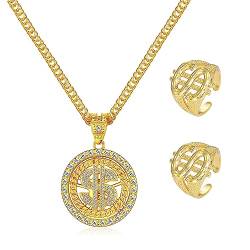 UYUYong Goldkette Herren Drehen + Dollar Ring Hip-hop Set Zuhälter Kostüm Set 80er 90er für Faschingszubehör Mottopartys Cosplay Karneval von UYUYong