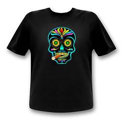 LED-Shirt Equalizer T-Shirt soundaktiviert Halloween Fasching Karneval Mexikanischer Totenkopf leuchtet zu Geräuschen Größe L von Ucult