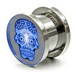 LED Totenkopf Flesh Tunnel Ohr-Plug/Skull Flesh Leuchtender Plug Tunnel Piercing mit Licht Länge 12 mm, Farbe Blau von Ucult
