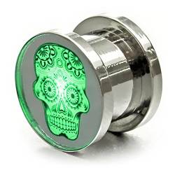 LED Totenkopf Flesh Tunnel Ohr-Plug/Skull Flesh Leuchtender Plug Tunnel Piercing mit Licht Länge 12 mm, Farbe Grün von Ucult