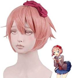 Wig Anime Cosplay DDLC Doki Doki Literature Club Sayori Damen-Perücke, rosa, kurze Perücke, Cosplay-Kostüm, hitzebeständige Kunsthaar-Perücken + Kappe (ohne Kopfbedeckung) von Uearlid