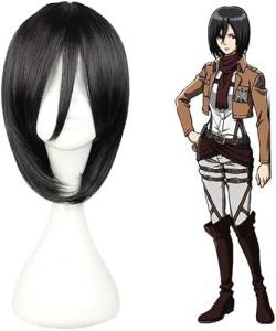 Wig Anime Cosplay Mikasa Ackerman Schwarze kurze Bobo-Kunsthaar-Cosplay-Perücken for Damen, Party, Halloween + Mütze von Uearlid