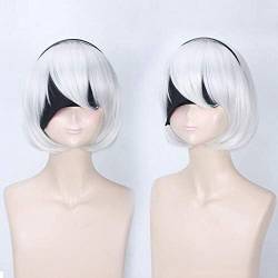 Wig Anime Cosplay NieR:Automata YoRHa Nr. 2 Typ B Cosplay Perücke for Frauen Mädchen Spiel Perücke Kunsthaar Weiße Perücke + Stirnband + Augenmaske von Uearlid