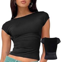 Women's Backless T-Shirt - Open Back Shirts Summer Crop Tops Short Sleeve Cute Clothes (M, Black) von Ueeqito