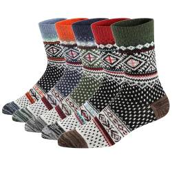 Ueither 5 Paar Unisex Wollsocken – Baumwollsocken – Stricksocken | für Männer & Frauen | Vintage Stil | Warme Crew Socken für Herbst & Winter (38-43, Farbe 12) von Ueither