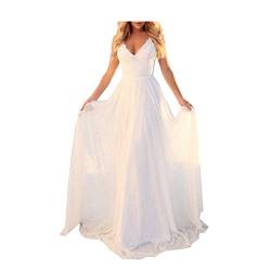 Uekinishi Damen Maxi Kleider Hochzeitskleid Brautkleid Ärmellos V-Ausschnitt Abendkleid Tüll Spitze Damenkleid,Weiß,L von Uekinishi
