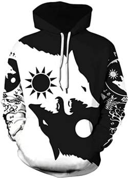 Uezenu Männer Wikinger Yin Yang Hoodie, Norse Mythologie Fenrir Wolf Tattoo 3D Print Pullover Street Harajuku Jacke (Color : Hoodie, Size : 3XL) von Uezenu