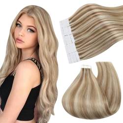 Ugeat Tape in Extensions Echthaar Hellbraun mit Bleichblond Tape Extensions Echthaar Blond Highlights Haarextensions Echthaar Tape in Extensions Klebestreifen 20 Stuck 35cm von Ugeat