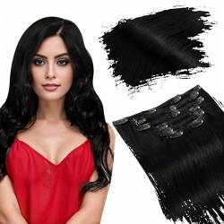 Ugeat 18Zoll/45cm Echthaar Extensions Clip in Schwarz Echte Haare Tressen Extensions 7Stück Clip in Extensions Echthaar Volumen 120Gramm Farbe 1 Schwarz Haarverlängerung Echthaar Clip von Ugeat