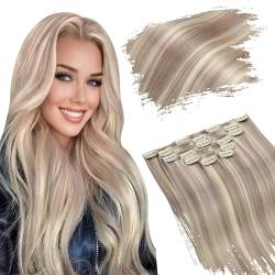 Ugeat 35cm Clip in Extensions Echthaar Haarextension 8Stück Haarverlängerung Echthaar Tressen Clip 120Gramm P20/60 Schmutzige Blondine Highlight Platinblonde Clip Extensions Haare von Ugeat