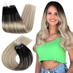 Ugeat 45cm Micro Bondings Extensions Echthaar 1g/Strähnen*50Strähnen Loop Extensions Echthaar Bondings Haare Microring Extension Balayage Schwarz mit Aschblond bis Platinblond 1B/18/60 von Ugeat