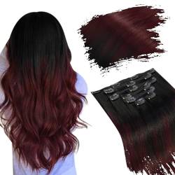 Ugeat 50cm Extensions Echthaar mit Clips Human Hair 7 Stück Ombre Extensions Echthaar Clip in Schwarz Ombre Rotwein 1B/99J Clip in Extensions Echthaar Einzelne Tressen 120Gramm von Ugeat