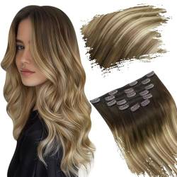 Ugeat 55cm Echthaar Extensions 120 Gramm Clip in Echthaar Tressen Clips Echthaar Dunkel Braun bis Mittle Braun mis Bleich Blond 4/6/613 Dicke Echthaar Extensions Clip von Ugeat