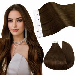 Ugeat 60cm Tape in Extensions Echthaar Braun Tape in Klebestreifen Echthaar Extensions Band Dunkelbraunes Farbe 4 Haarverlängerung Echthaar Tapes Human Hair 20 Stücke 50 Gramm von Ugeat