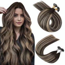 Ugeat Balayage Haar Extensions Keratin Bondings 45cm Echthaar Flat Tip Bondings Extensions 50Gramm 50Strähnen Keratin Glue in Stick Tips Dunkelbraun und Aschblond 4/18/4 von Ugeat