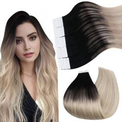 Ugeat Blond Balayage Tape in Extensions Echthaar Natürliches Schwarz bis Platinblond mit Eschenblond Tape in Haarverlängerung Echthaar Ombre Tape in Extensions 35cm 50Gramms von Ugeat