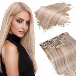 Ugeat Clip Extensions Echthaar Haar 35cm Gesträhnt Farbe Aschblond mit Bleichblond P18/613 Echthaar Extensions Clip Dickes Haar 7Stück Clip in Blonde 120Gramm von Ugeat