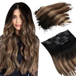 Ugeat Clip in Extensions 55cm Balayage Natürliches Schwarz zu Braun Mit Platinblond Echthaar Clip in Doppelter Schuss Echthaar Ectensions Clip in 120 Gramm von Ugeat