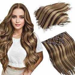 Ugeat Clip in Extensions Echthaar 45cm Dicke Echthaar Extensions Clip Human Hair 8Stück 120Gramm Doppelt Tressen P4/27 Dunkelbraun Highlight Karamellblond Haarverlängerung Echthaar Clip von Ugeat