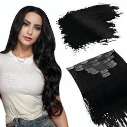 Ugeat Clip in Extensions Echthaar Doppelt Tressen 35cm Haarverlängerung mit Clips Haare Verlängerung Echte Haare Clips Schwarz Farbe 1B 120Gramm Remy Echthaar Clip in Extensions 7Stück von Ugeat