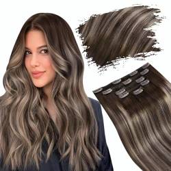 Ugeat Clips Echthaar Extension 35cm Haarverlängerung Clip in Extensions Echthaar Dicke Haare Balayage Dunkel Braun mit Ash Blonde 4/18/4 105 Gramm Remy Echthaar Extensions Clip on von Ugeat