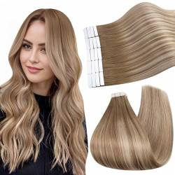 Ugeat Echthaar Extensions Tape Hellbraun mit Hellblond Invisible Tape Extensions Echthaar Ombre Haarverlängerung Balayage 20 stück 45 cm 50 gramm von Ugeat