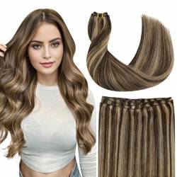 Ugeat Echthaar Tressen Extensions Remy Braun Haartressen Extensions Braun Highlight Sew in Extensions zum Einnähen Dunkelbraun Highlights Rotblond #4P27 105g 50cm von Ugeat