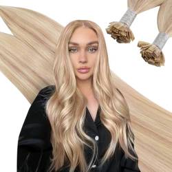 Ugeat Extensions Echthaar Bondings Aschblond und Blonde Highlights Extensions Aschblond Glatt Extensions Echthaar Keratin Flat Tip Extensions 40 cm 50 gramm 50 stück #18/613 von Ugeat