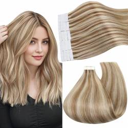 Ugeat Extensions Tape in Echthaar Blond Hair Extensions Braun mit Bleichblond Tape in Extensions Echthaar Highlight Blond Tape Extensions Echthaar 30cm 30 Gramms 20 Stuck von Ugeat