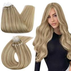 Ugeat Microring Echthaar Extensions Easy Loop 40cm #P16/22 Goldenes Blond mit Mittelblond Gesträhnt Farbe Micro Bondings Extensions Echthaar Verlängerung Bondings 50Gramm/50Strähnen von Ugeat