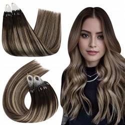 Ugeat Microring Loop Extensions Echthaar 50cm 50Gramm Micro Bead Haarverlängerung mit Microrings Remy Extensions Echthaar Bonding 50Strähnen 4/18/4 Dunkelbraun Balayage Ombre Aschblond von Ugeat