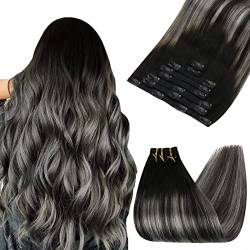 Ugeat Schwarz Echthaar Extensions Clip in Ombre 120g 45cm Clips Echthaar Extensions #1B Natürliches Schwarz Mit Splitter Echthaar Clip Haarverlängerung Doppelt Tressen von Ugeat