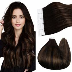 Ugeat Tape Extensions Echthaar Dunkelbraun mit Goldbraun Nahtlose Tape in Extensions Ombre Haarverlängerung Echthaar Tapes 20 stk 35 cm 50 gramm #2/6/2 von Ugeat