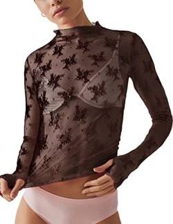 Ugerlov Damen Langarm Mesh Top Mock Neck Sheer Bluse See Through Floral Lace Tops, Schwarz, Klein von Ugerlov