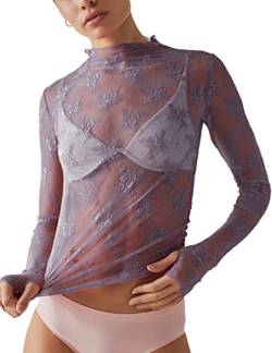 Ugerlov Damen Langarm Mesh Top Mock Neck Sheer Bluse See Through Floral Lace Tops, Violett, Klein von Ugerlov