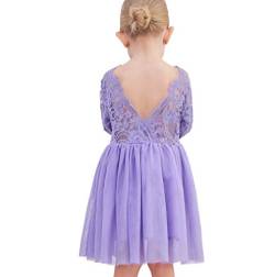 Ugitopi A-Linie Spitze zurück Tutu Tüll Blumenmädchen Kleid Hochzeit Prinzessin Partykleid (Purple-Longsleeve,90) von Ugitopi