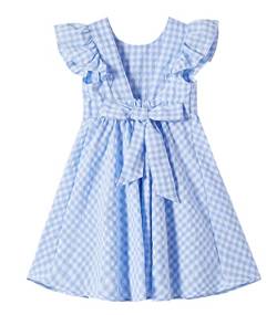 Ugitopi Baby Mädchen Flatterärmel Baumwolle-Leinen Kleid Elastische Taille Schleife Kinder Freizeitkleider (Plaid Blue,110) von Ugitopi