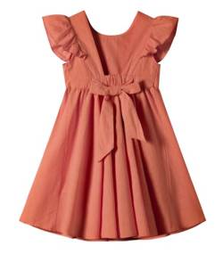 Ugitopi Baby Mädchen Flatterärmel Baumwolle-Leinen Kleid Elastische Taille Schleife Kinder Freizeitkleider (Solid Caramel,130) von Ugitopi