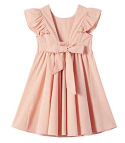 Ugitopi Baby Mädchen Flatterärmel Baumwolle-Leinen Kleid Elastische Taille Schleife Kinder Freizeitkleider (Solid Dusty Pink,100) von Ugitopi