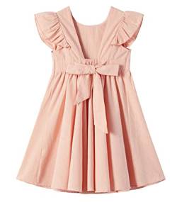 Ugitopi Baby Mädchen Flatterärmel Baumwolle-Leinen Kleid Elastische Taille Schleife Kinder Freizeitkleider (Solid Dusty Pink,110) von Ugitopi