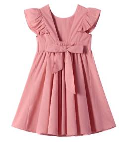 Ugitopi Baby Mädchen Flatterärmel Baumwolle-Leinen Kleid Elastische Taille Schleife Kinder Freizeitkleider (Solid Dusty Rose,130) von Ugitopi