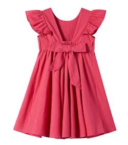 Ugitopi Baby Mädchen Flatterärmel Baumwolle-Leinen Kleid Elastische Taille Schleife Kinder Freizeitkleider (Solid Wine Red,120) von Ugitopi