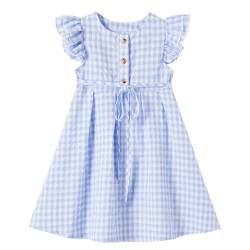 Ugitopi Kleines Mädchen Flatterärmel Baumwoll-Leinen Kleid Kleinkind Kinder Doppelte Rüschen Freizeitkleider (Plaid Blue 100) von Ugitopi