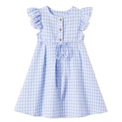 Ugitopi Kleines Mädchen Flatterärmel Baumwoll-Leinen Kleid Kleinkind Kinder Doppelte Rüschen Freizeitkleider (Plaid Blue 90) von Ugitopi